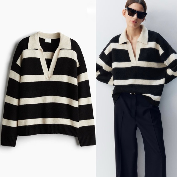 Black/White Fine Knit Collared Sweater (M) - Picture 1 of 9
